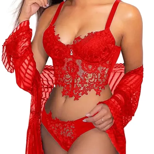 House Of Dasein Cross-Border Sexy Lingerie Seductive Three-Piece Transparent Backless Lace Trim Tempting Sleepwear Two-Piece Set - Red - L
