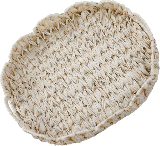 16.5 inch Round Wicker Tray, Boho Decorative Coffee Table Tray,Woven Serving Tray with Handles,Wicker Scallop Basket