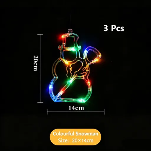 Christmas Suction Cup LED Decor Lights, Colourful Snowman Curtain Lights 3 Pack, Charming Holiday Window Display Ornament