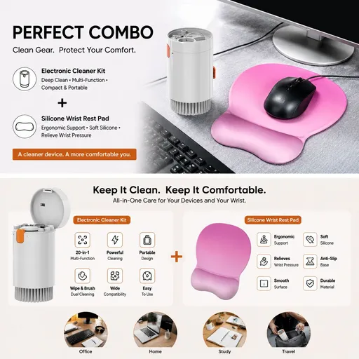Gradient Pinkish White silicone wrist rest with 20-in-1 electronics cleaning kit - portable multi-functional brush set, ergonomic mouse pad, suitable for office and travel.