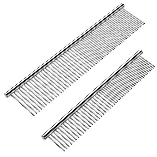 2 Pack Dog Combs with Rounded Ends Stainless Steel Teeth, Cat Comb for Removing Tangles and Knots, 6.3IN/7.4IN