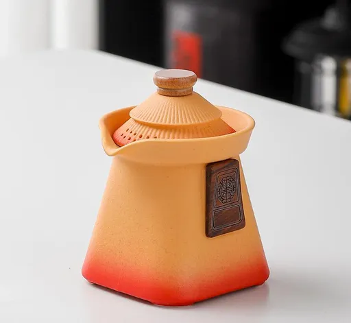 Artisan Ceramic Tea Pot with Built-in Strainer - 280ml, Gradient Finish & Wooden Accents(Yellow+red)