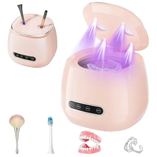 Ultrasonic Cleaner – UV + Ultrasonic, 304 Stainless Steel, 2000mAh Wireless, for Braces, Dentures, Jewelry & Makeup Brushes（pink)