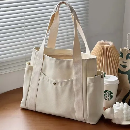 Large Capacity Canvas Tote Bag for Work Travel Carrying Bag College Style Student Outfit Book Shoulder Bag White