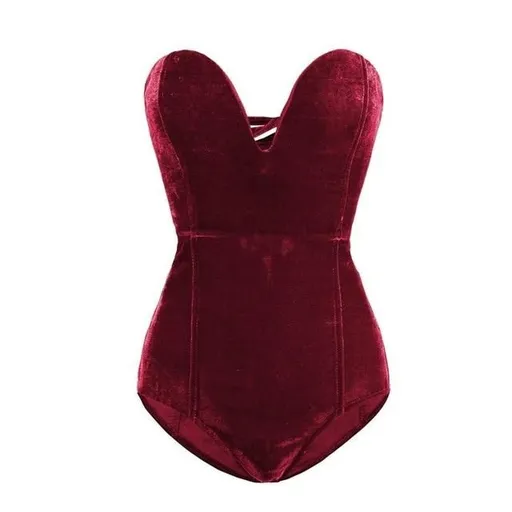 House Of Dasein Sexy Velvet Strapless Neck Bodysuit Criss Cross Back For Women - Burgundy - M