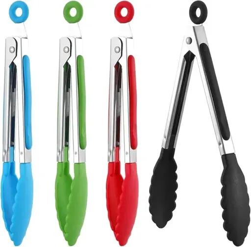 4 Pack Stainless Steel Kitchen Tongs with Locking Clips and Heatproof Nylon Tips for Cooking and Serving, Blue, Green, Red and Black, 18 cm