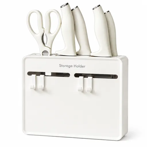 White Wall Mounted Knife and Scissor Storage Holder - 24.5 cm No Drill Kitchen Organiser with 4 Adjustable Hooks, Space Saving Cabinet Door Storage Rack