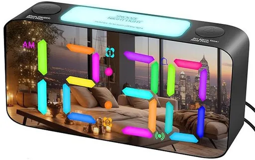 Wekker - Digital Alarm Clock - Wekker Children's Alarm Clock - LED Alarm Clock - Wekker with Color Mirror - 15 Color Modes - Large 7-inch Screen - 3 Brightness Levels - Night Light - Adjustable Volume - 12/24 Hour Time - Mains Powered Alarm Clock - F