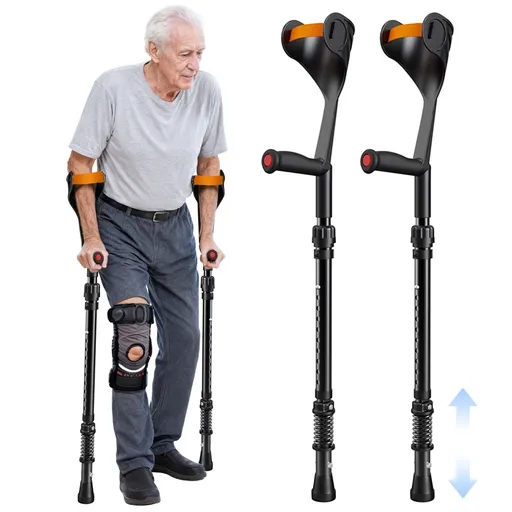 Pair of Adjustable Forearm Crutches for Adults, Lightweight Portable Walking Crutches with Spring Cushioning Design, Black