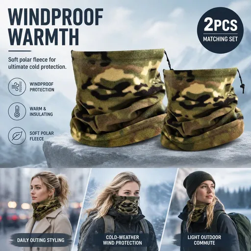 Warm Snow Outdoor Bundle Fleece Drawstring Neck Gaiters 2 Pcs, Camo Army Green, Cold Weather Gear