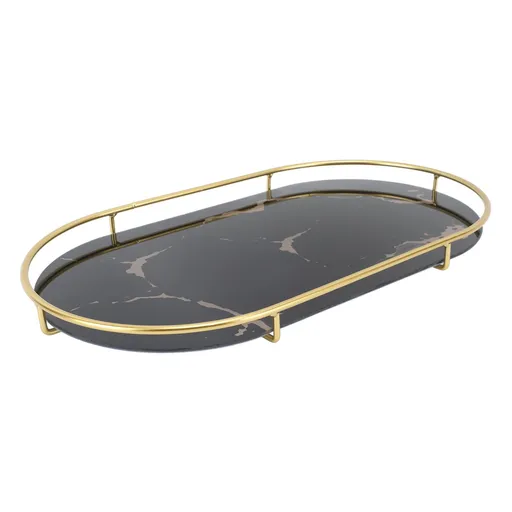 Bathroom Storage Tray Light Luxury Decorative Golden Texture Oval Bathroom Organiser Tray for Soap Towel Paper Napkins Jewellery Makeup Black Base