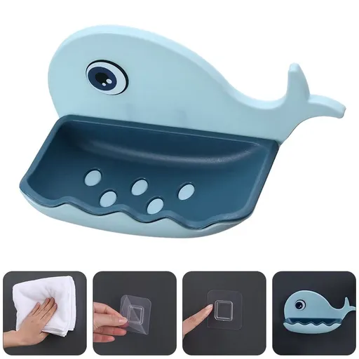 Self-Draining Soap Dish Sky-Blue PP Adhesive Whale Design for Storage