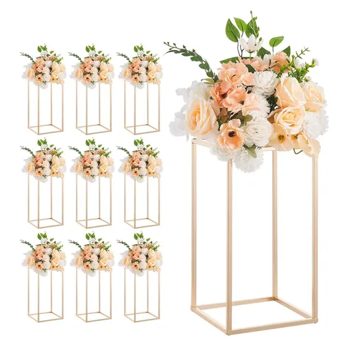 Wedding Flower Stand, 10PCS 40cm Column Flower Stand, Floral Stands with Acrylic Laminate, Gold Rectangular Floral Display Rack for Wedding, Party, Birthday, Home, Gold Centerpiece Stands