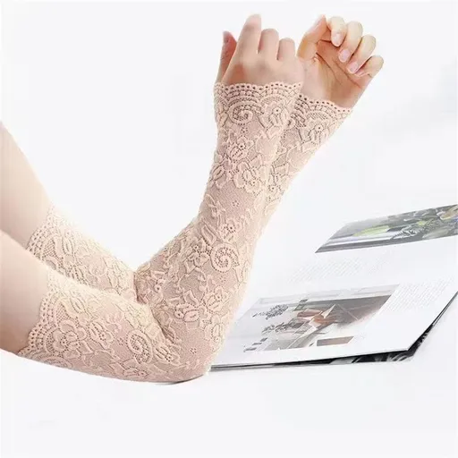 two pairs UV Protection Lace Arm Sleeves, Women's Floral Lace Sleeves Hollow Out Long Sunscreen Gloves Fingerless Driving Gloves（skin color）