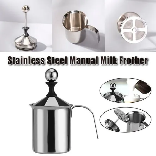 800ML 304 Stainless Steel Manual Milk Frother, Double Mesh Strainer Hand Pump Frothing Pitcher