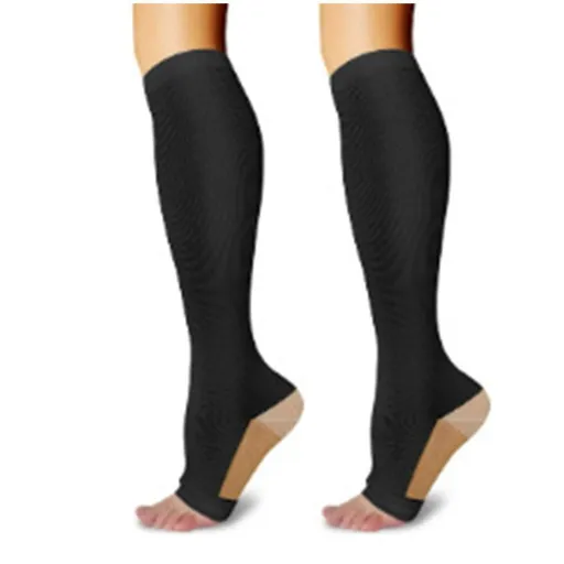 Two-Tone Open Toe Black Compression Calf Socks Size L/XL (39-42) | Halloween Edgy Stylish Gift | Two-Tone Black Calf Compression Socks for Sports & Street Wear