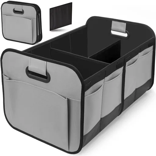 Grey and Black Heavy Duty Collapsible Car Boot Organiser - Large 65L Waterproof Trunk Storage Box with Compartments for SUV & Car