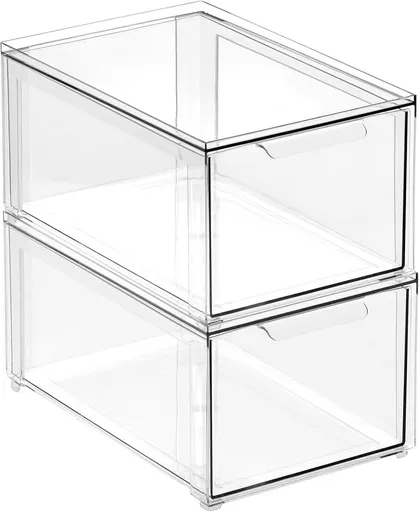 Kitchen Storage Drawer Box – Plastic Storage Box with Pull-Out Drawer – Pantry, Fridge and Cupboard Storage for Food and Snacks – Pack of 2 – Clear