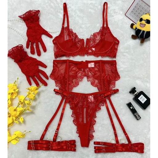 House Of Dasein Lace Hollow Comfortable Sheer Sexy Lingerie Underwear Garter Belt Separated Five Piece Set - Red - L