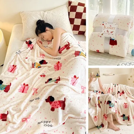 Plush Thick Flannel Throw Blanket, Lucky Dog Pattern, For Christmas & Halloween Indoor Activity, Household Holiday Gift Blanket, 200x230cm XXL Size