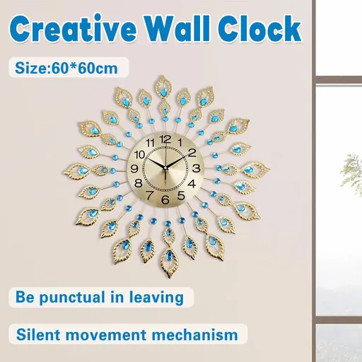 Wall Clock 60cm Large 3D Modern Crystal Luxury Round Gold Tone Home Decor Clock