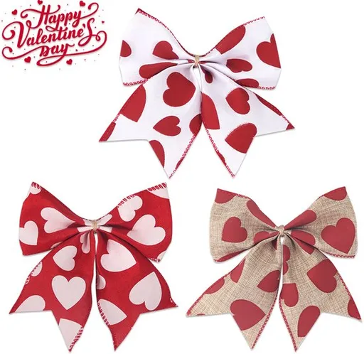 Valentine's Day Decorations - Heart Print Bows - Set of 3 - Wedding Gift Accessories - Handmade Linen Heart Bows