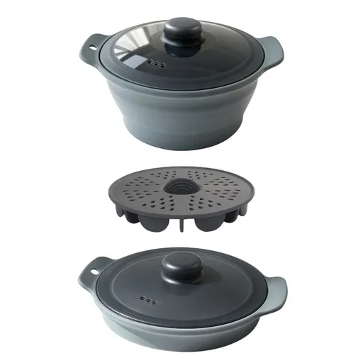 Foldable Food-Grade Silicone Steamer Pot with Lid and Steamer Rack – Space-Saving Collapsible Cookware for Microwave, Air Fryer, Camping, and Outdoor Meals, Available in Round and Rectangular Sizes (Round Style, Grey)
