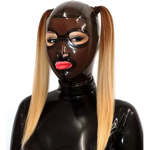 House Of Dasein Latex Hood Mask Holiday Rubber Full Face Open Eyes Double Holed Ponytail - Transparent Black - M