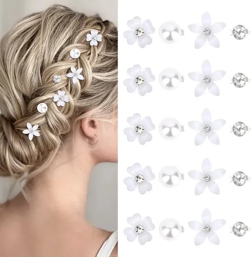 20 Piece White Small Flower Hairpin Set with Diamond and Pearl Details