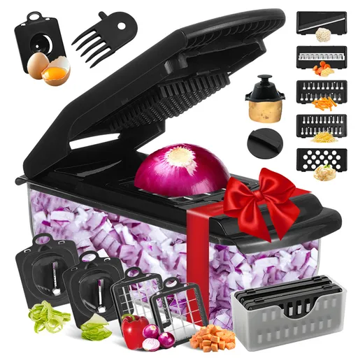 18-Piece Black Multi-Function Vegetable Chopper & Slicer Set - Rotary Grater with 5 Muti-Style Stainless Steel Blades for Home Kitchen