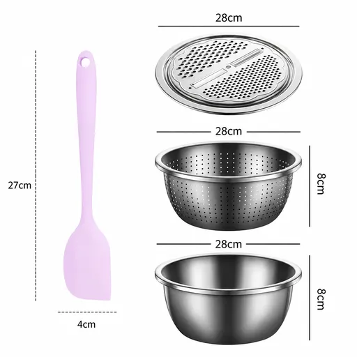 Home Salad Preparation Kit-Multifunctional Stainless Steel Vegetable Grater Bowl Set and Silicone Spatula - 28cm Kitchen Prep Tool for Slicing, Shredding, Washing and Mixing