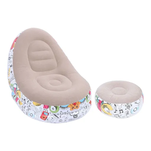 Inflatable Lounge Chair Cartoon Graffiti Minimalist Flocking Air Couch Sofa with Foot Stool for Living Room Bed Room
