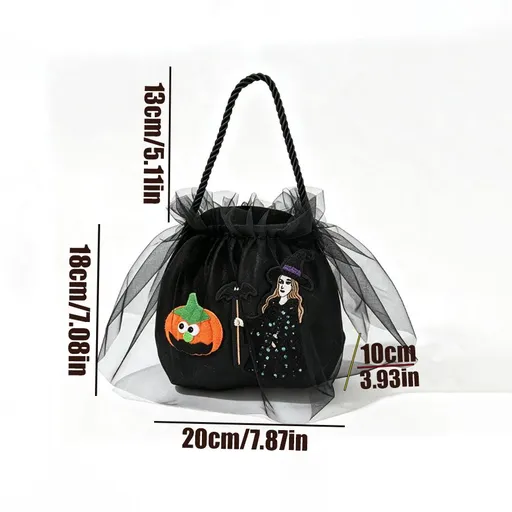 Halloween Cartoon Candy Tote: Witch & Pumpkin Tulle Design, Eye-Catching for Trick-or-Treat & Parties!(black)