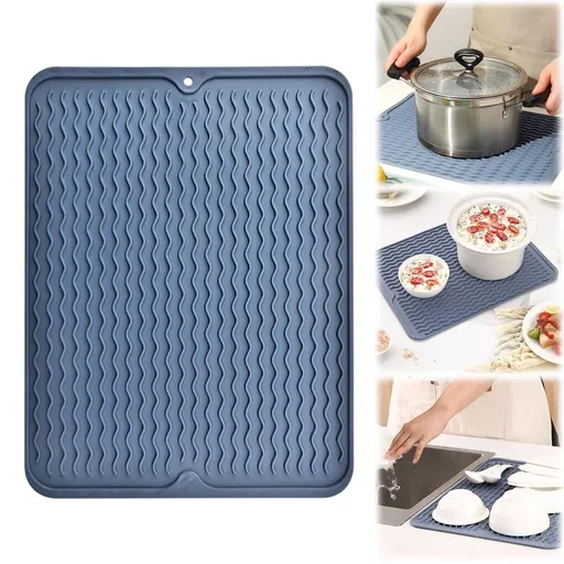 Silicone Dish Drying Mat, Non-Slip Silicone Mat for Kitchen Counter, Eco-Friendly Fast Dry Dish Mat, Heat-Resistant Dish Drainer Trivet for Sink, Refrigerator or Drawer Liner (15.7"*11.8",Deep Blue)