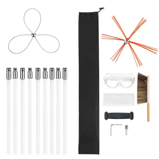 Chimney Sweep Kit, 9m Maximum Extendable Length Chimney Brush, Chimney Cleaner Sweeper with Dual Brush Heads, Brush & Goggles, Fireplace Cleaning Tool for Square, Rectangle, Arch Chimneys