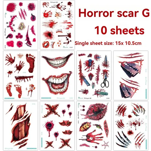 Halloween Tattoos 3D Temporary Tattoos Fake Wound Stickers Blood Wounds - Red - Size scarG-10pcs