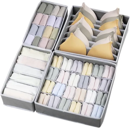 4 Pack Drawer Organizer Foldable Oxford Fabric Closet Storage Bins With Compartments For Underwear Socks Bras Baby Clothes Gray, 32 x 32 x 10 cm