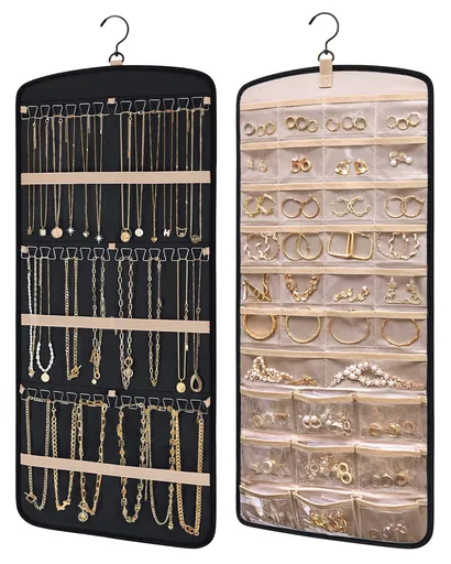 Hanging Jewelry Organizer Necklace Holder Anti-tangle Earrings Rings Hanger with 20 Jewelry Bags Travel Storage Roll with Pockets Hang on Closet, Wall, Door,1 Piece, Large, Black