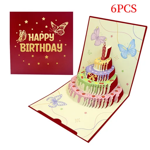 6-Pack Up Butterfly Birthday Cake Greeting Cards, Handmade Paper Gift Cards—Red