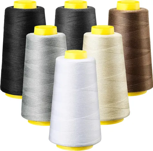 6 Rolls 3000 Yard Each Serger Thread Polyester Cones Spool Thread for Sewing Serger Overlock Quilting Sewing Machine (Black, White, Beige, Grey, Dark Grey, Coffee) Black, White, Beige, Grey,