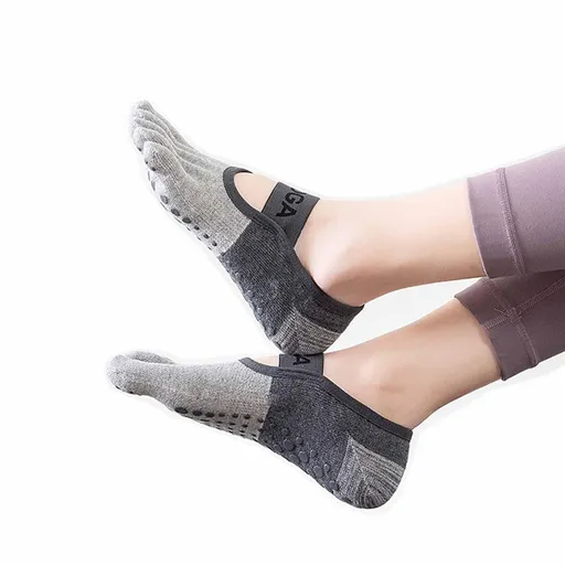 A pair Of Women's Non-Slip Five Toe Yoga Socks with Grips, Premium Combed Cotton Socks for Pilates, Barre, Ballet, Fitness - Gray