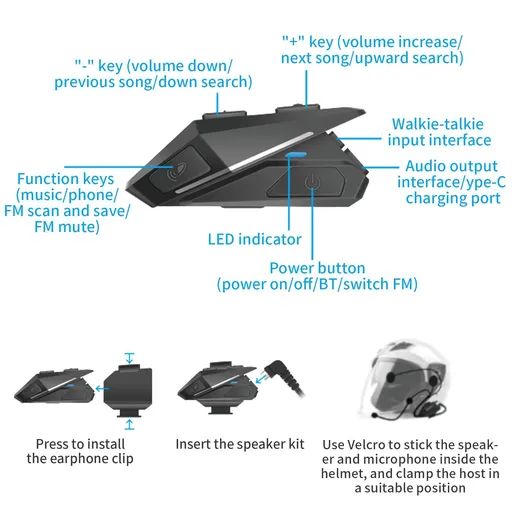 Motorcycle BT Headset, Motorcycle Helmet Intercom, BT5.0 Connection Waterproof Intercom Connected Intelligent Noise Reduction