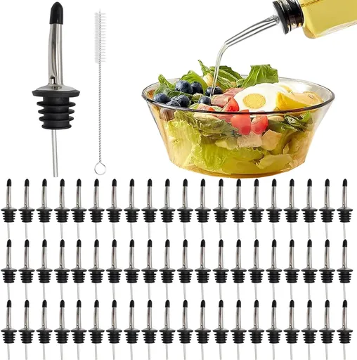 60 Pack Stainless Steel Liquor Pour Spouts with Rubber Caps, Bottle Pourers for Wine, Oil, Vinegar, and Alcohol – Bartender Bar Tools and Accessories