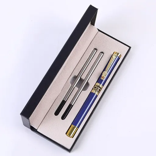 Dark Blue Two-piece Set Luxury Retro Dragon Head Signature Pen Gift Set - Full Metal 0.5mm Rollerball Each Set with 2 Spare Refills for Business and Gifting
