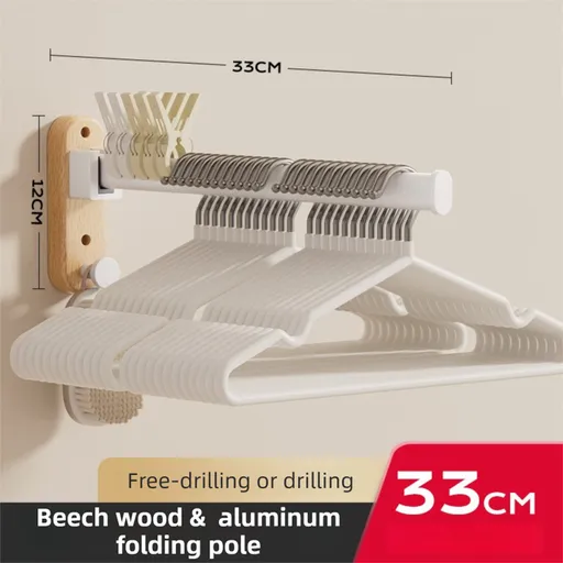 33CM Moisture Aluminum Folding Towel Rack Integrated Bottom Hook - 90° Folding White Beechwood Grain Wall-Mounted Drying Rod and Organize