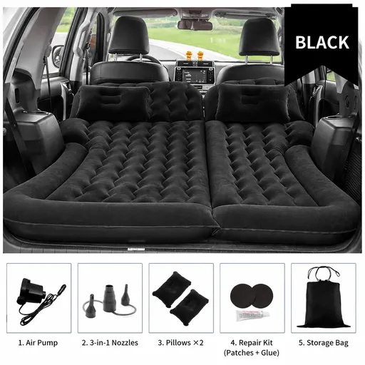Black Large Inflatable Universal Car Air Mattress with 2 Pillows, Pump and Storage Bag - Dual Zone Split Bed Soft Flocked Camping Travel Bed Integrated Head / Backrest Buffer for SUV MPV Long drives