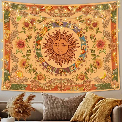 Yellow Sun and Moon Tapestry Vintage Indie Boho Tapestry Wall Hanging with Sunflowers Butterfly Moth Constellation Aesthetic Wall