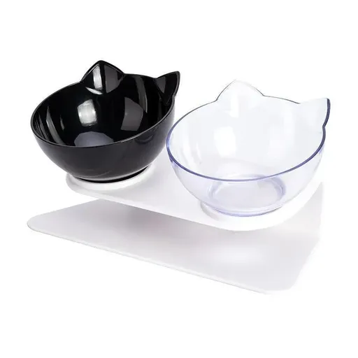 Double Cat Dog Bowl Elevated Pet Feeder Stand Raised Food Water Feeding Dish - Black+Transparency
