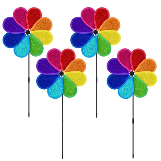 4 Pack Reflective Pinwheels for Garden - 11.4 Inch Diameter Bird Scare Device - Outdoor Wind Spinners with 28 Inch Stake - Fade Resistant PVC Patio Decor for Bird Control, Plants Protection