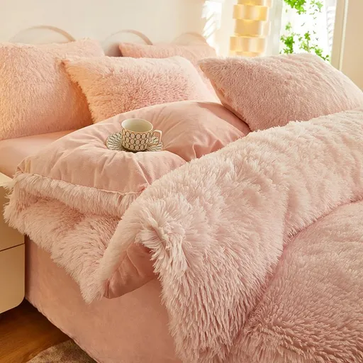 Pink Luxury Thick Plush 4 Piece Bedding Set for 1.5m & 1.8m Beds – Winter Ultra Soft Warm Bedding with Double-Sided Faux Mink Fur & Crystal Velvet, includes 200 x 230CM Quilt Cover, 230 X 250cm Flat Sheet and 2PCS 48 × 74CM Pillowcases
